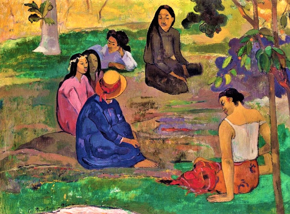 Gaugin picture of native women in colorful garb sitting