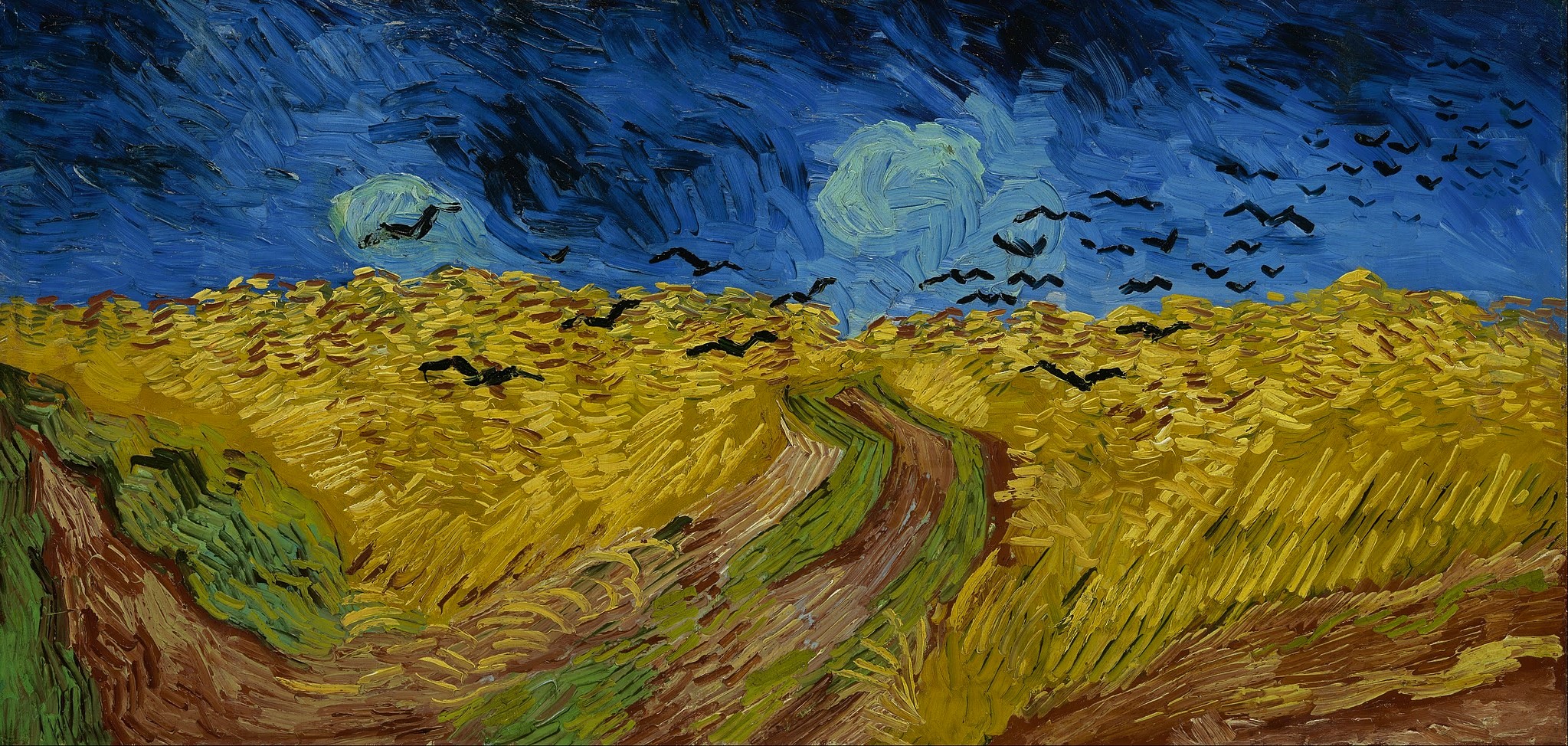 painting of van Gogh's wheatfield with crows