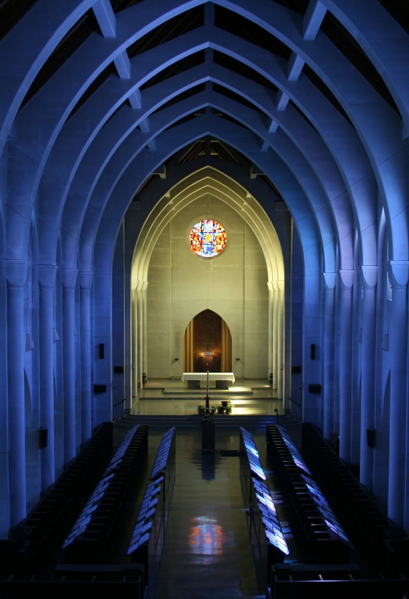 blue pointed arches of Mepken Abbey chapel