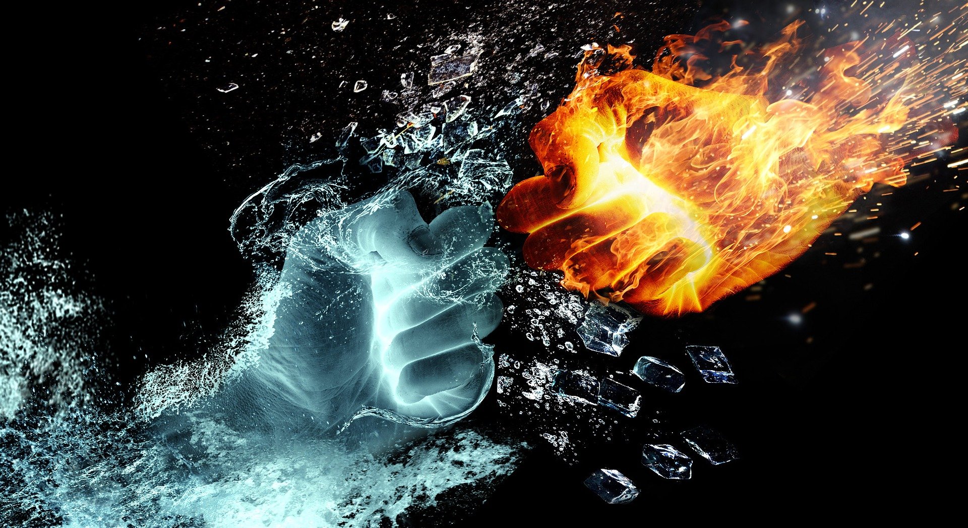 bright image of two opposing fists representing fire and ice