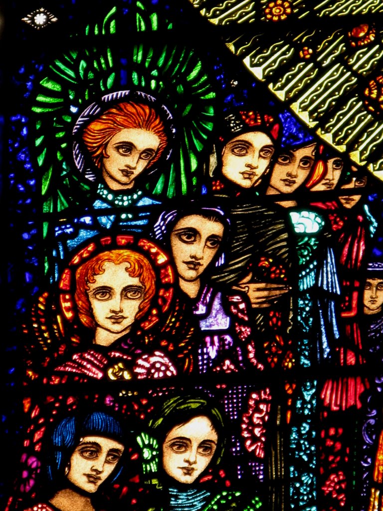 Harry Clarke stained glass window of angels at the last judgment