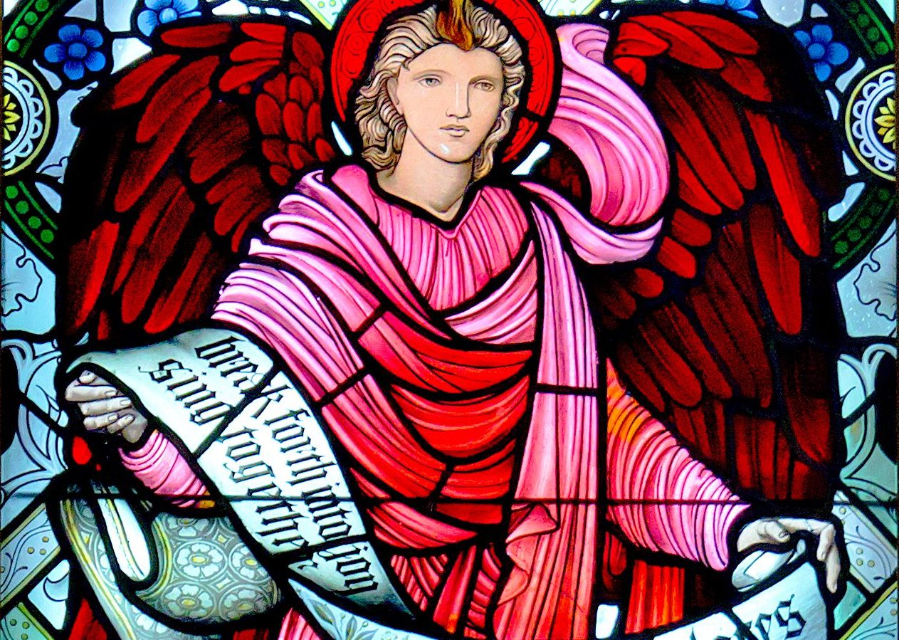 Edward_Burne-Jones_stained glass angel with red and pink garments