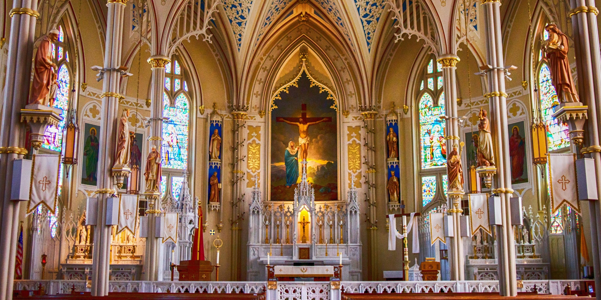 Church Sanctuary with Crucifixion Altarpiece