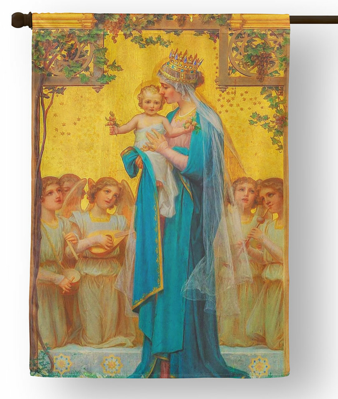 Madonna and Child_golden banner with haloes, flowers, and angels