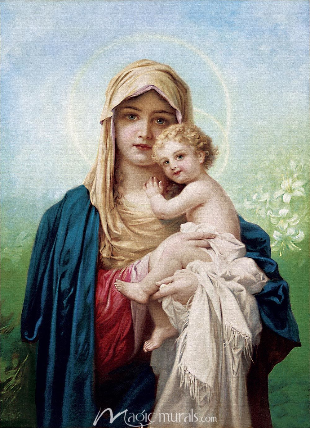 Madonna and Child_mother and child facing forward green background