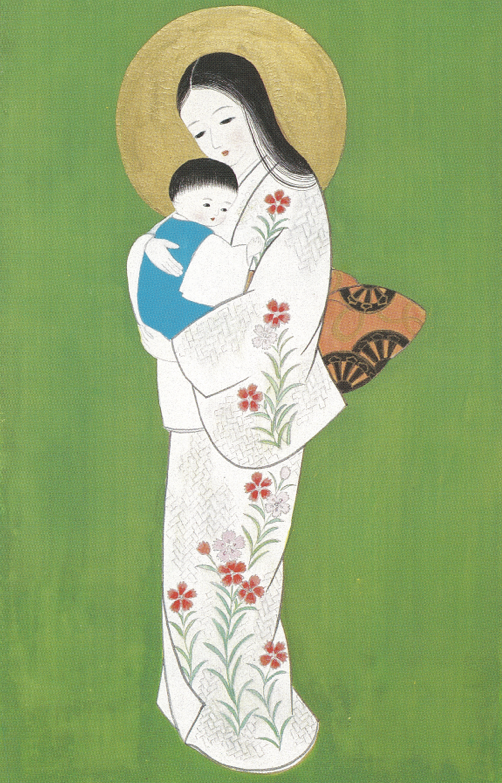 Madonna and Child_Japanese with traditional garments green background