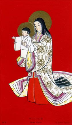 Madonna and Child_Japanese with traditional garments red background