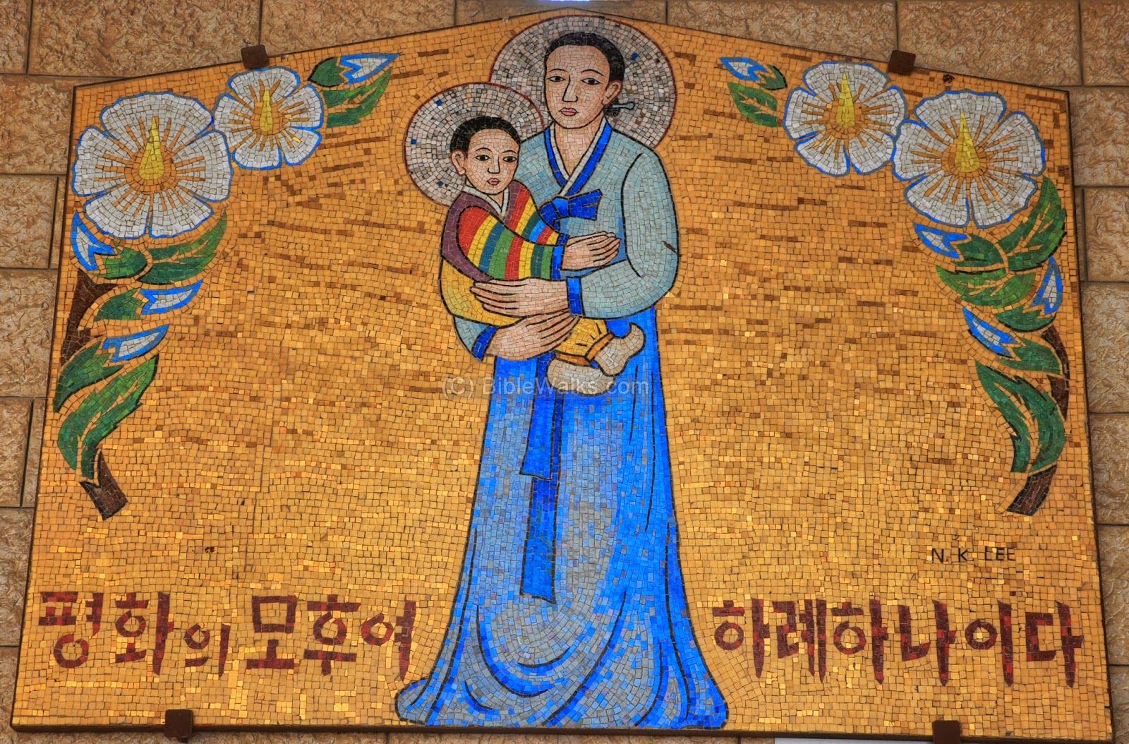 Madonna and Child_Korean mosic image with lotus flowers