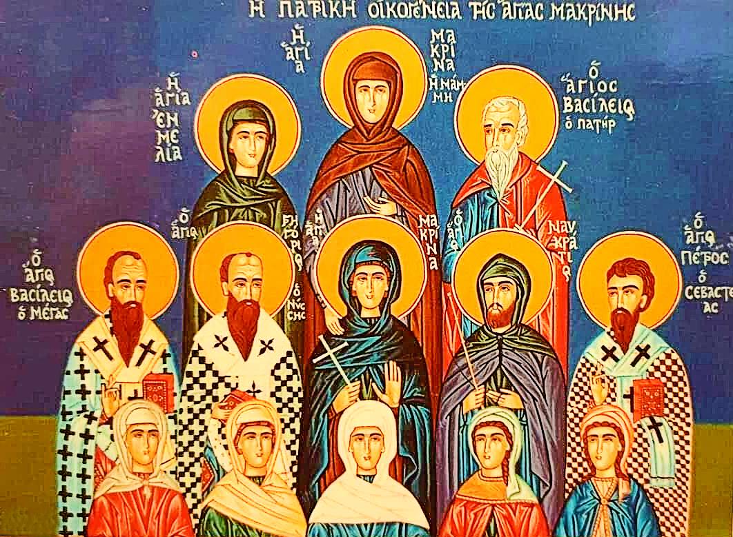 colorful icon of eight saints in family of St. Basil