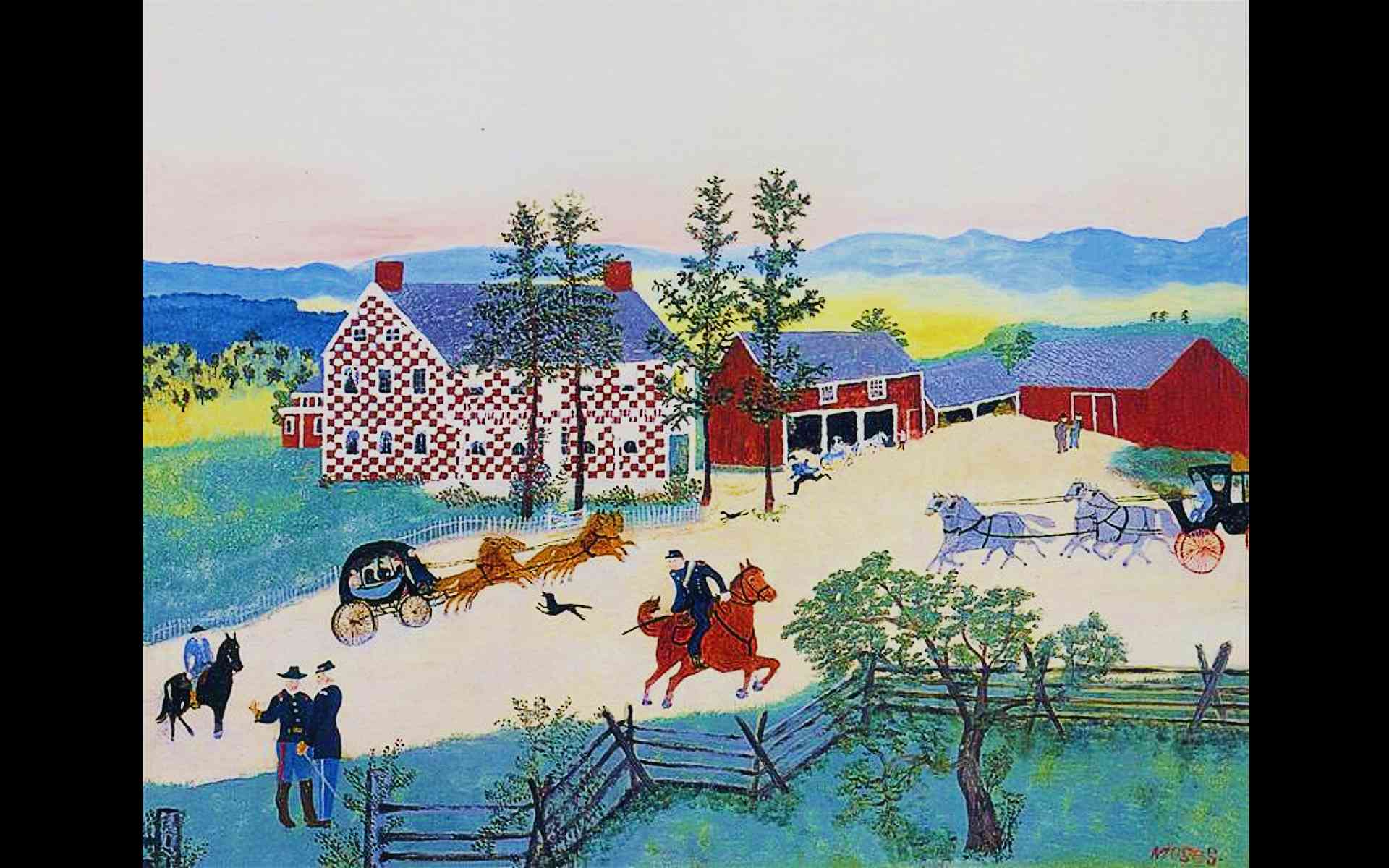 Grandma Moses painting of the checkered house