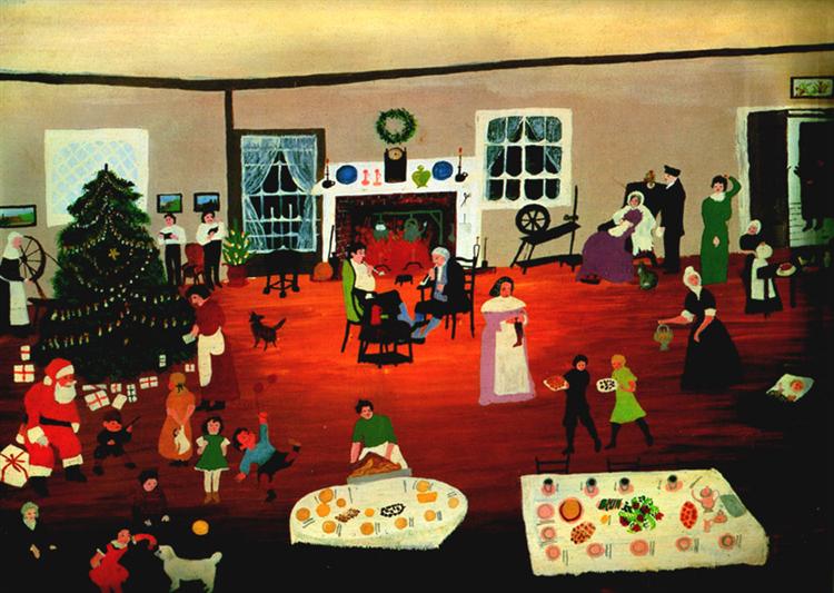 Grandma Moses painting with people inside home for Christmas