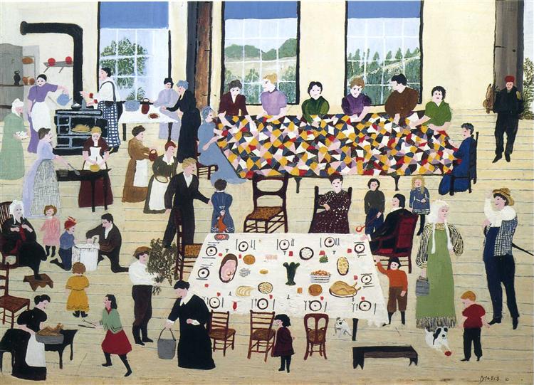 Grandma Moses painting of women quilting inside home