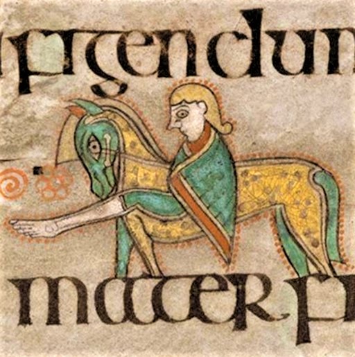 a quaint image on a page of illuminated script from the Book of Kells