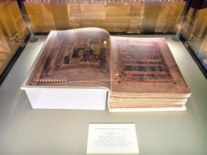 The Book of Kells in a display case in Trinity College, Dublin