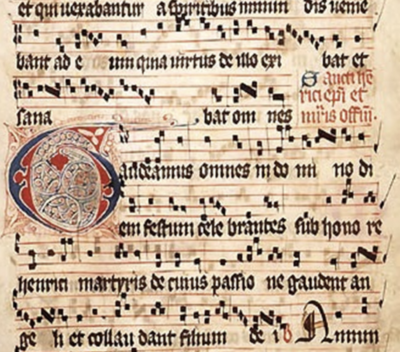 An illuminated manuscript page with Gregorian Chant