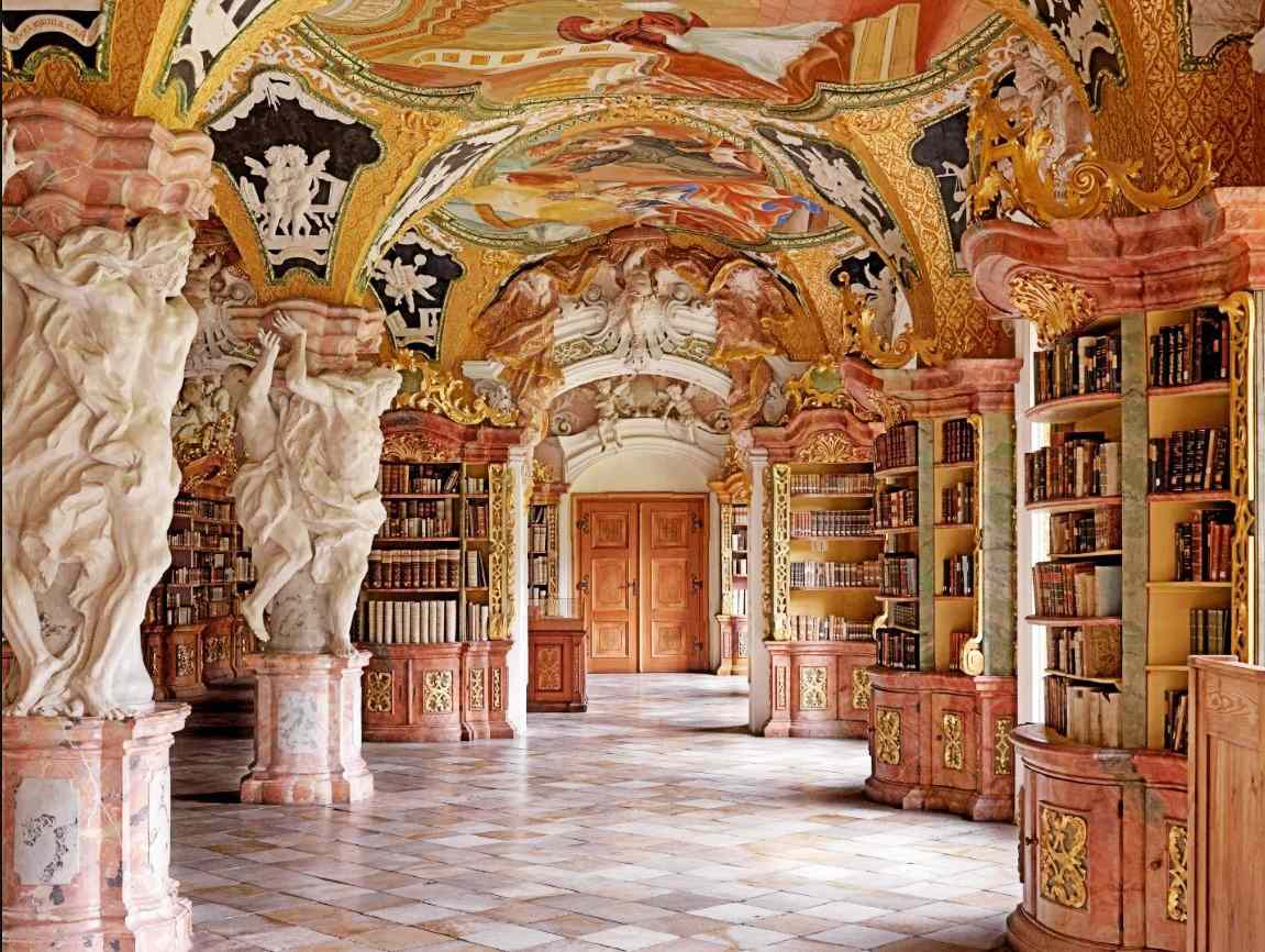 Library with pillars of Metten Abbey Bavaria
