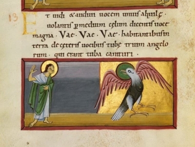 An illuminated manuscript of man and eagle