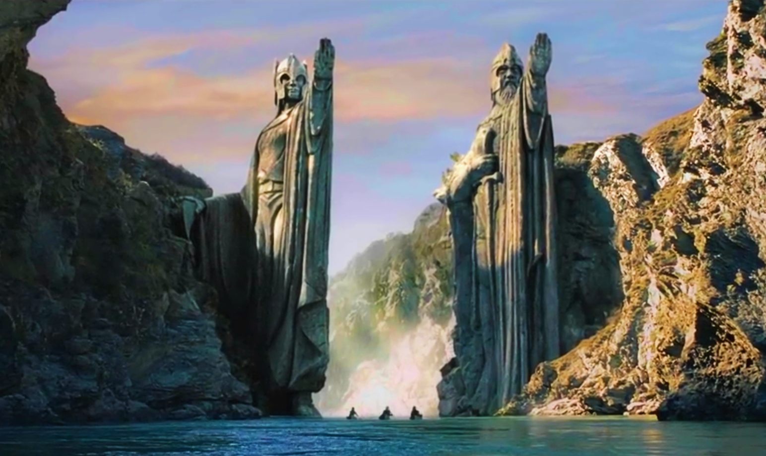 Gates of Argonath with small boats in water below