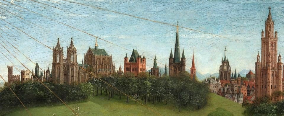 detail of the restored version of the rays of the sun shining on the cityscape of Ghent