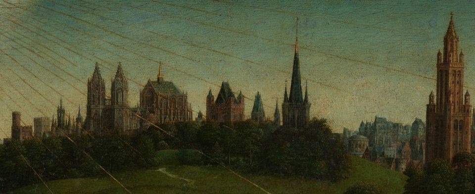 detail of the pre-restoration image of rays of the sun shining on the cityscape of Ghent