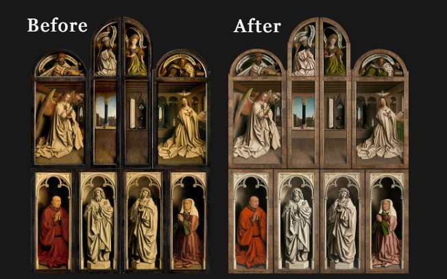 before and after images of the back eight panels of the Ghent Altarpiece