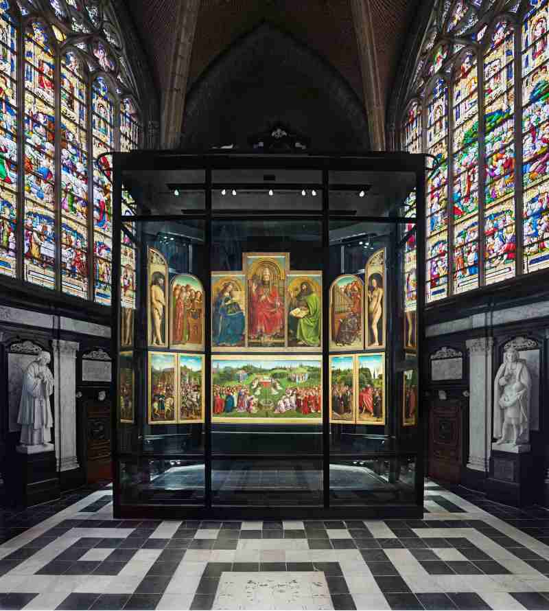 the bullet proof, climate-controlled chamber in which the Ghent Altarpiece resides in St. Bavo Cathedral