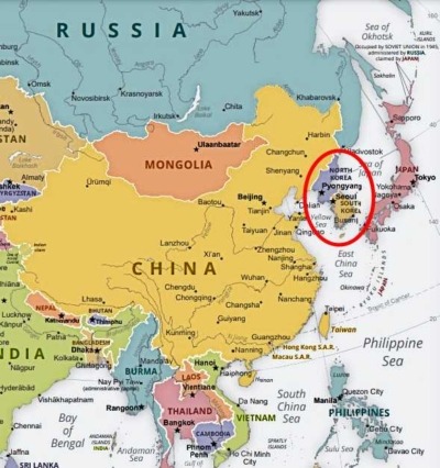 color coded map of Asia with Korea circled in red
