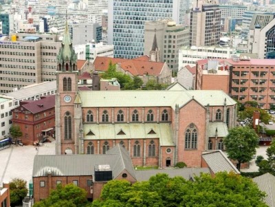 aerial photo of Immaculate Conception Cathedral in Seoul, South Korea
