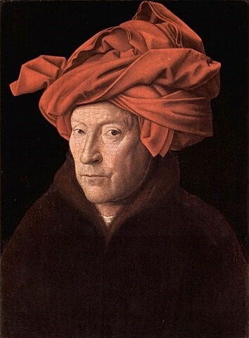 self-portrait of Jan Van Eyck with riotous red turban on his head