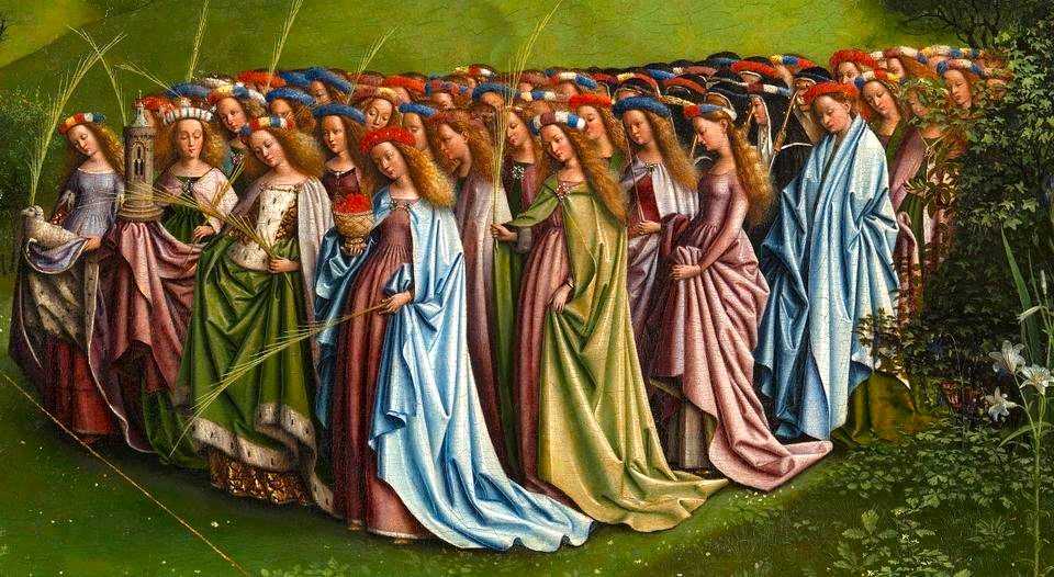 highly colorful restored version of female saints in heaven holding symbols of their lives or martyrdom