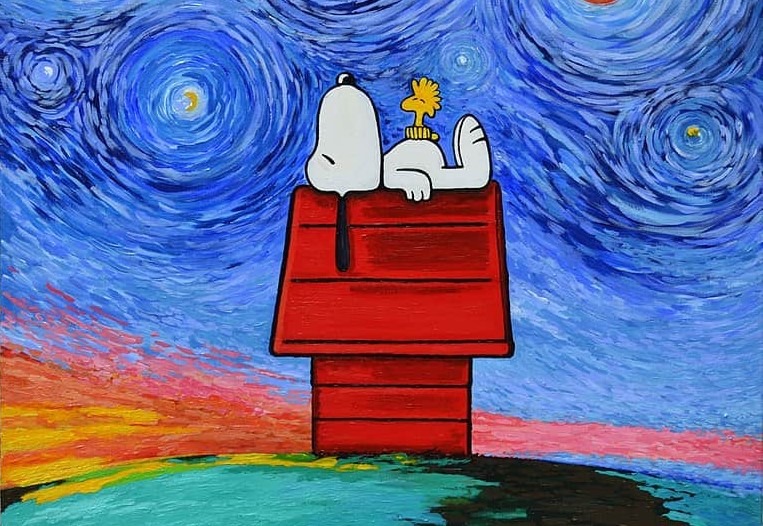 Snoopy and Woodstock sleeping on top of doghouse with Van Gogh sky
