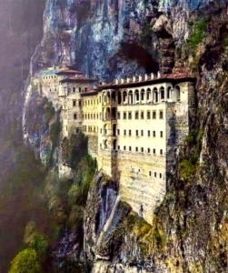 Side view of Sumela Monastery on the mountain