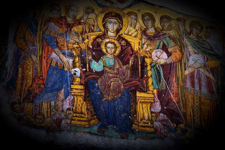 ancient icon of the virgin mary surrounded by angels