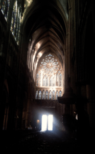 view of rose window in darkened Gothic cathedral