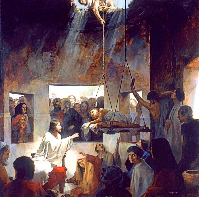 Friends of the paralytic man lowering him down to Jesus through the roof