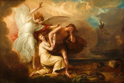 an angel expels Adam and Eve from paradise